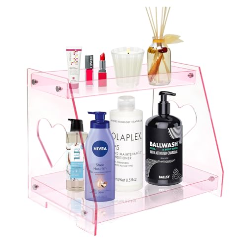 ROYALITA 2 Tier Pink Heart Bathroom Countertop Organizer Display Shelf, Acrylic Tray Vanity Perfume Storage Skincare Organizer for Counter, Cute Bathroom Sink Cosmetic Organizer Shelf - Pink