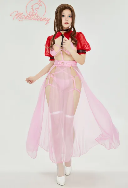 Aeris Derivative Sexy Lingerie Set Pink Hollow Bodysuit and Short Jacket with Stockings