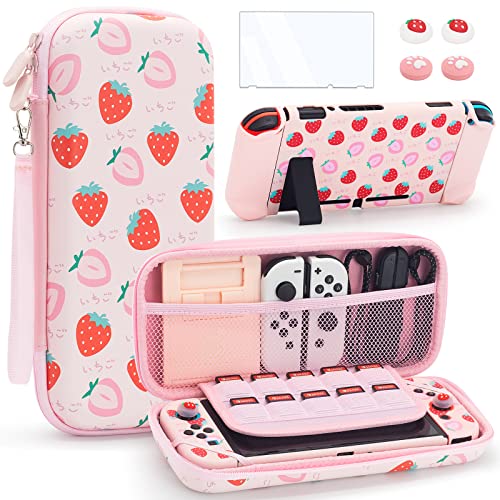 BRHE Switch Tasche Case Hülle für Nintendo Switch Reisezubehör Tragetasche Kit mit Spieltasche und 2 Daumengriffkappen (Rosa) - Pink