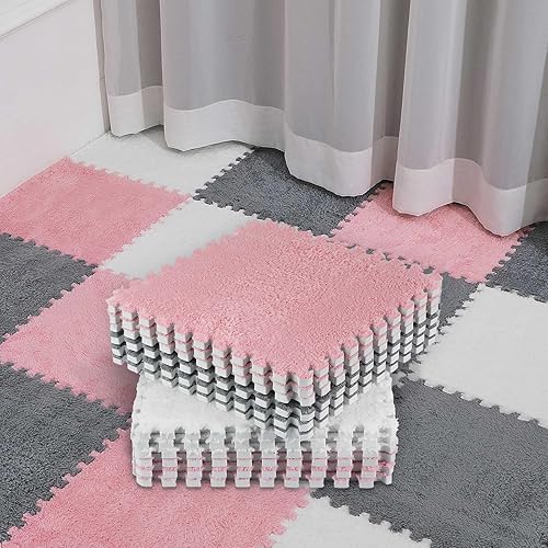 18 Pcs Plush Foam Floor Mat Square Interlocking Carpet Tiles