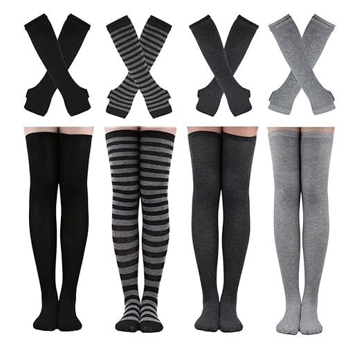 Barrlves 2/4 Sets Womens Striped Knee High Socks Long Knitted Arm Warmers Fingerless Gloves for Halloween Costume - 4sets Solid Black+white+deepgrey+grey