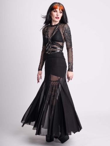 Mesh Godet Maxi Skirt | MD / Black