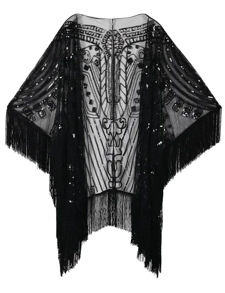 PrettyGuide Women's 1920s Shawls and Wraps for Evening Dresses Oversized Sequin Beaded Fringed Wedding Cape