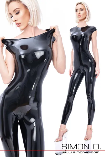 Latex catsuit collar entry in black