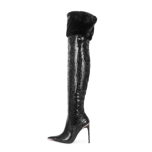 Thigh high boots with metal toe cap and faux fur (Model 960) reptile print black | 36 / Made to measure