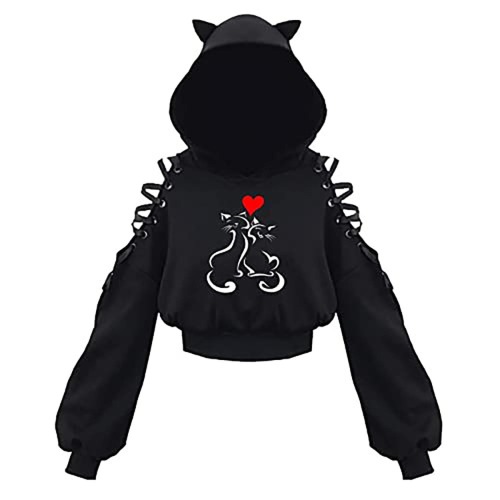 SADWF Kawaii Damkläder Kattöron Svart Huvtröja Mörk Gotisk Luvtröja Långärmad Tröja Hollow Out Gothic Punk Top Femboy (Color : I, Size : L) - L - I