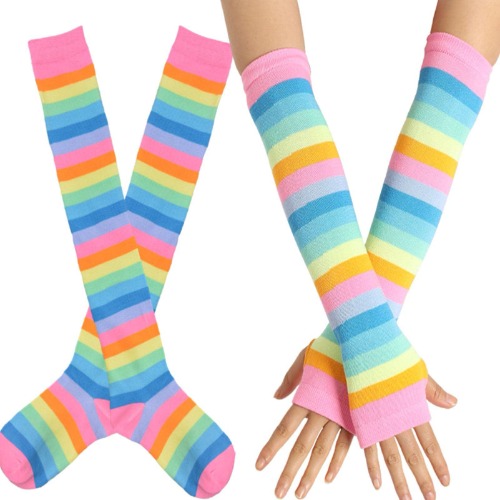 Striped Knee High Socks - Rainbow Striped Socks and Arm Warmers Set Comfortable Breathable for Cosplay Stage Performance Pride Accessories Zayaa - Rosa
