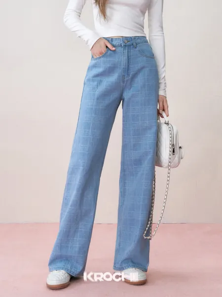 Washed Light White Check Wide Leg Jeans