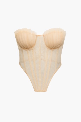 Tie Back Sheer Mesh Corset Strapless Top | LIGHT PINK / L