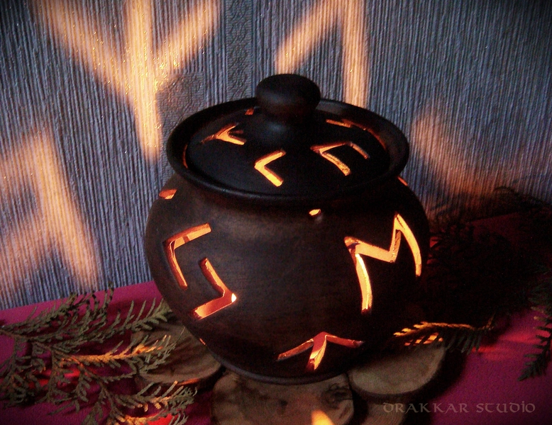 Handmade ceramic lantern with runes of the Elder Futhark