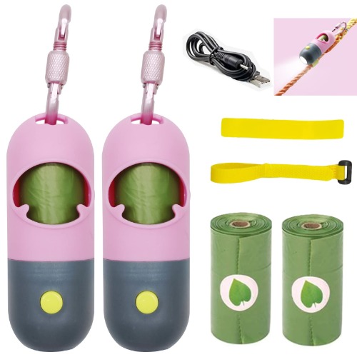 2 PACK Dog Poop Bag Holder with LED Flashlight Poop Bag Dispenser with 2 Rolls of Green Dog Waste Bags Poop Bag Holder with Rechargable Battery and USB Cable (Pink) - Pink
