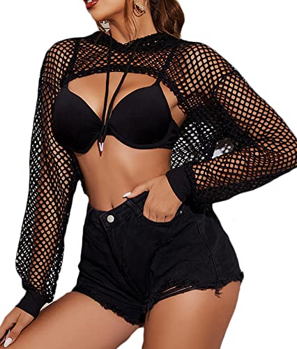 Avidlove Mesh Hoodie Crop Top Womens Fishnet Shirt Long Sleeve Crop Top Hoodie - Large - Black