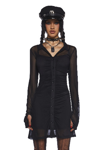 Make Me An Offer Mesh Button Down Dress | BLACK / Small