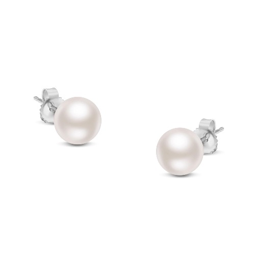 14K Gold Round White Saltwater Akoya Cultured Pearl Stud Earrings AAA+ Quality - Choice of MM Size - 6.0-6.5mm / White