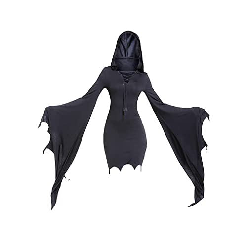 Mingyuezai Halloween Sexy Dress for Womens Bat Wing Sleeves Vintage Gothic Goth Party Hooded Dress Halloween Costumes - Blackbat - Medium