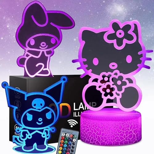 sunduck 3D Illusion Cat Night Light for Kids - 3 Patterns and 16 Colours Change with Remote Control Kitty Lamp Room Decor Birthdays Holidays Christmas Gifts for Kids and Girls - 3PC-Kitty