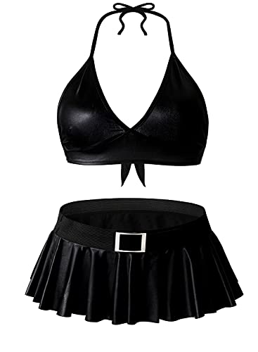 XSPICE Women's Mini Skirt Set for Club Goers, 2 Piece Outfit with Crop Top, Black, S/M & L/XL - Small/Medium - Black