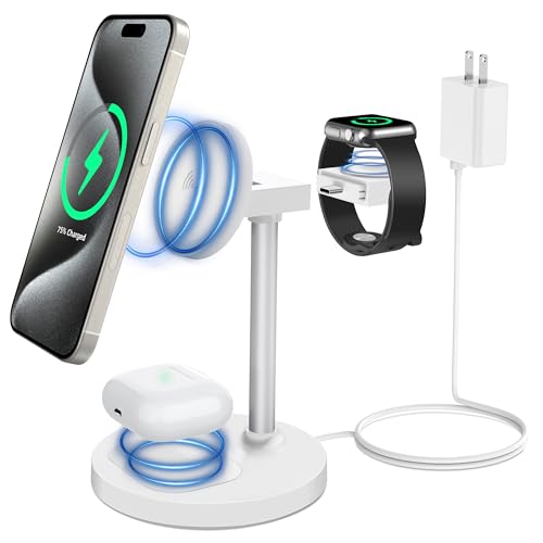 Magnetic 3-in-1 Wireless Charging Station for Apple Devices, for MagSafe Charger Stand for iPhone 16/15/14/13/12 Series, for iWatch/Airpods, Aluminum Alloy Rod, Leather Pad, White - Upgraded White Stand