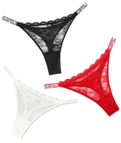 Avidlove Lace Thongs for Women with Rhinestone-Embellished Strap Cheeky Underwear Sexy Panties 1-3 Pack - Black+white+red - Medium