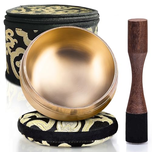 Tibetan Singing Bowl Set – Authentic Hand-Tuned Sound Bowl for Meditation – Complete Meditation Bowl Kit with Cushion, Mallet, Box & Guide – Perfect Tibetan Bell for Yoga, Relaxation, & Sound Healing - Plain Textured