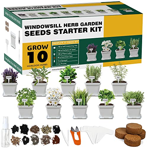 Herb Grow Kit, 10 Herb Seeds DIY Garden Starter Kit, Complete Potted Plant Growing Set Including White Pots, Markers, Nutritional Soil, Watering, Clipper for Kitchen Herb - white