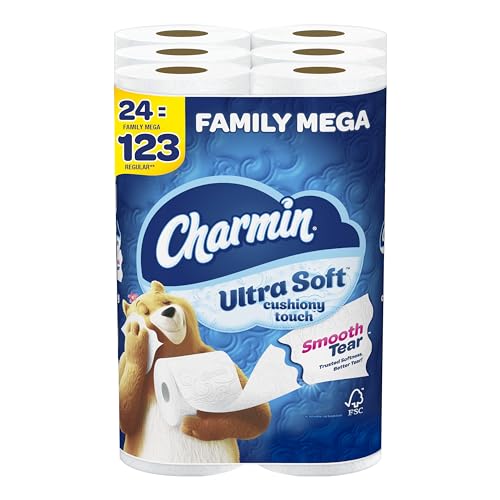 Charmin Ultra Soft Cushiony Touch Toilet Paper, 24 Family Mega Rolls = 123 Regular Rolls (Packaging May Vary) - 24 Count (Pack of 1)