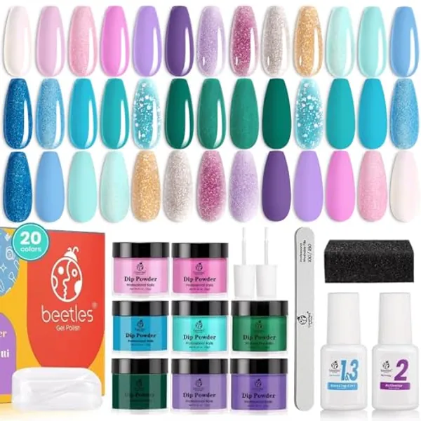 Beetles 20 Colors Mermaid Collection Nail Dip Powder with Dip Liquids Set Purple Green Glitter Dipping Powder Nail Art Set,No LED Nail Lamp Needed, Gift for Her