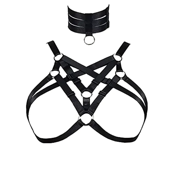 JELINDA Body Harness Bra for Women Sexy Cupless Bra with Choker Pentagra Caged Bra Punk Gothic Style Strappy Lingerie