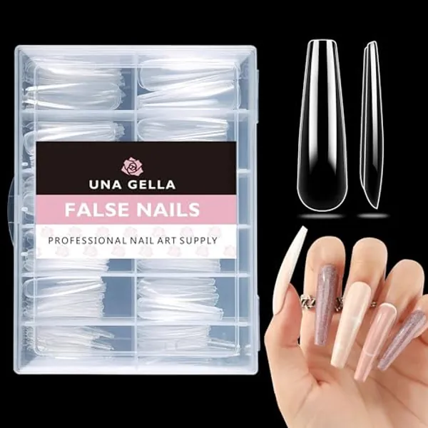 UNA GELLA Coffin Nails Tips Soft Gel Extra Long 216pcs XXL Full Nails Tips Coffin Shape Press On Nails No C Curve Full Cover Ballerina Nail Tip Full Clear False Fake Acrylic Nails with Case