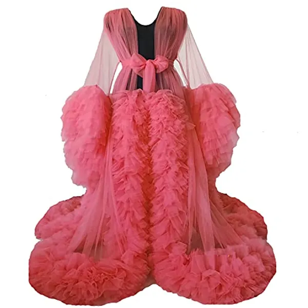 Flybridal Tulle Maternity Robe Bridal Long Nightgown Bathrobe Gown Pregnancy Robe for Photoshoot