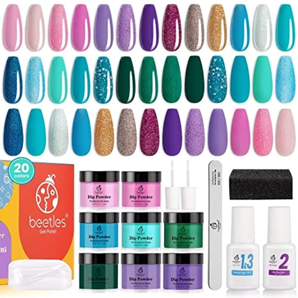 Beetles 20 Colors Mermaid Collection Nail Dip Powder with Dip Liquids Set Purple Green Glitter Dipping Powder Nail Art Set,No LED Nail Lamp Needed, Gift for Her