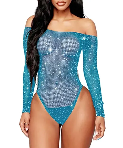 Abberrki Women Sexy Mesh Bodysuit Fishnet Sparkle Rhinestone Teddy Lingerie Halloween Rave Sheer Outfit