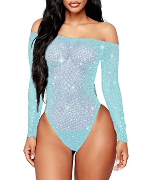 Abberrki Women Sexy Sparkle Rhinestone Teddy Fishnet Long Sleeve One Piece Bodysuit