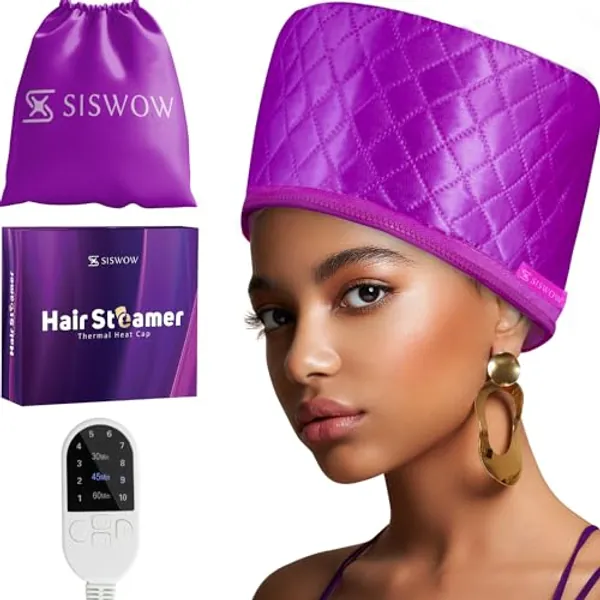 Hair Steamer for Deep Conditioning w/10-level Heats Up Quickly, Heating Cap for Deep Conditioner - Thermal Steam Cap For Black Hair, Great For Hair Treatment (Purple)