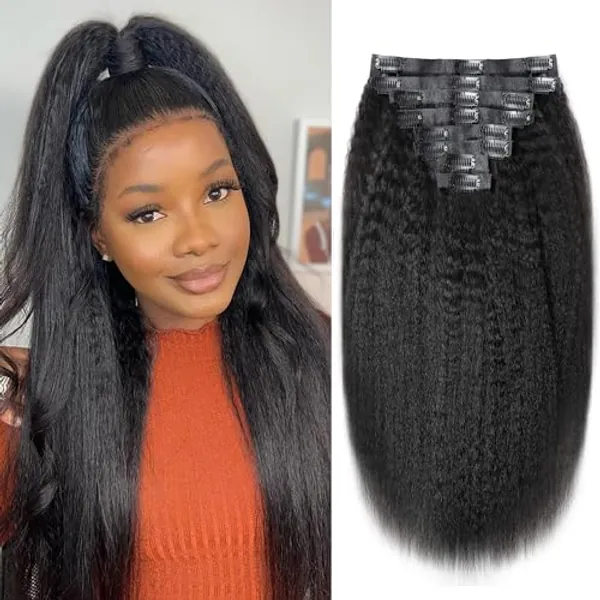 Haondma Seamless Clip in Hair Extensions Real Human Hair PU Kinky Straight Clip ins Brazilian Virgin Human Hair Extensions for Women 8Pcs Invisible PU Skin Weft 18Clips 120g 26Inch Natural Black