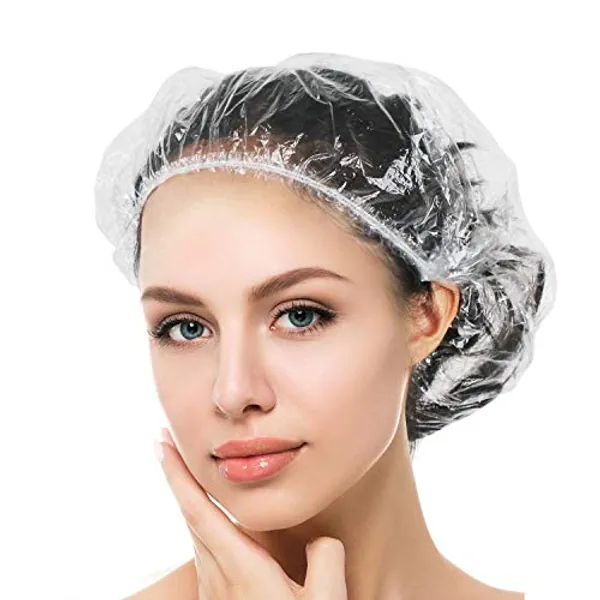 Auban 50 PCS Shower Cap Disposable,Bath Caps Larger Thick Clear Waterproof Plastic Elastic Hair Bath Caps For Women Hotel Travel Essentials Accessories Deep Conditioning Hair Care(19.3")