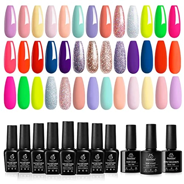 beetles Gel Polish Nail Set 20 Colors Spring into Summer Collection Pastel Yellow Blue Pink Neon Red Glitter Purple Manicure Kit for Women with Base Matte and Glossy Top Coat