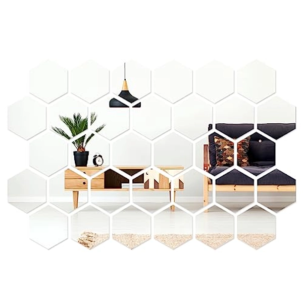 Shappy 32 Pieces Hexagon Mirror Wall Stickers Removable Acrylic Mirror Setting Hexagon Wall Sticker Decal for Home Room Living Bedroom Decor (18.4 x 16 x 9.2 cm)