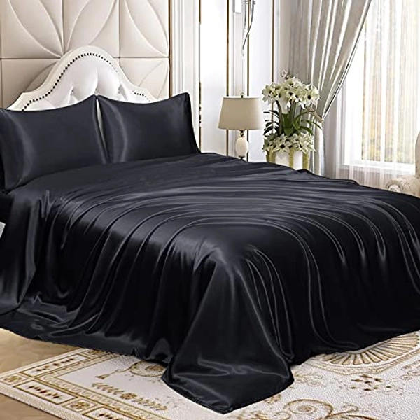 Homiest 4pcs Satin Sheets Set Luxury Silky Satin Bedding Set with Deep Pocket, 1 Fitted Sheet + 1 Flat Sheet + 2 Pillowcases (King Size, Black)