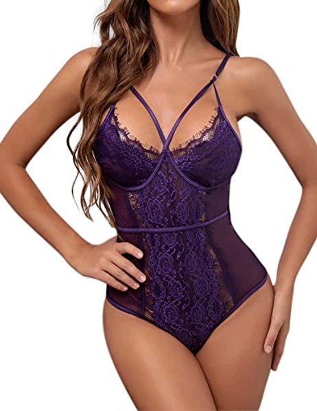 Aranmei Women Sexy Eyelash Lace bodysuit Snap Crotch Teddy Lingerie