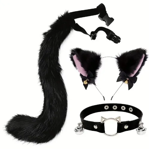 * Cat Costume Set with Ear Headband, Fluffy Tail &amp; Collar - * Halloween &amp; Cosplay Parties