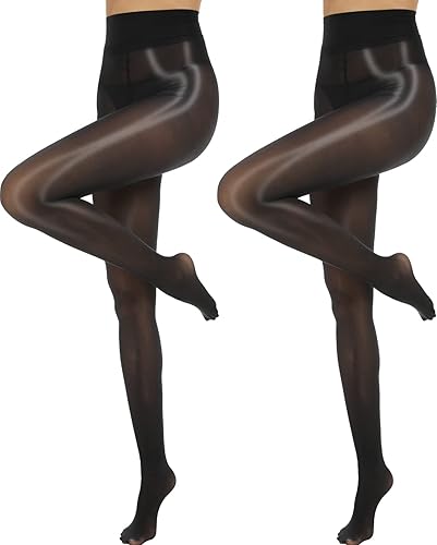 MANZI Shiny Pantyhose for Women 2 Pairs Shimmer Sheer Tights Ultra Silky - Small-Medium - Black
