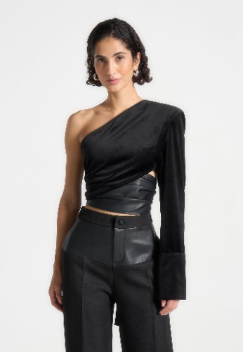 One Sleeve Velour Wrap Top - Black | EU 40 / Black / WMN4075-01