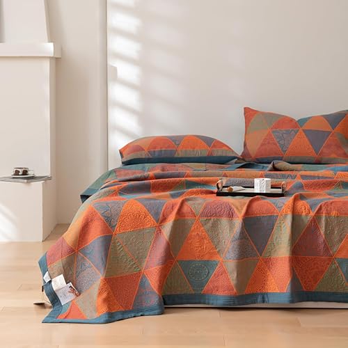 Purefair 100% Cotton Muslin Blanket Jacquard Bohomian Mandala Triangle Print Quilt, Soft Bed Cover Reversible Bedspread Coverlet Breathable Lightweight Bedding Full/Queen(78"x94"), No Pillow Sham - Triangle - Full/Queen(78"x94")
