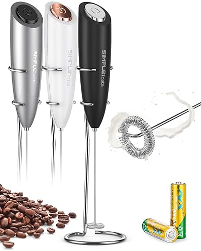 SIMPLETASTE Milk Frother Handheld Battery Operated Electric Foam Maker, Drink Mixer with Stainless Steel Whisk and Stand for Cappuccino, Bulletproof Coffee, Latte - Black