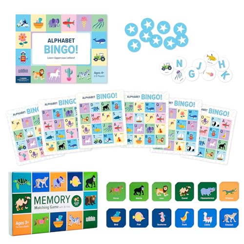 Wildkin Memory Matching Game (36 pc) and Alphabet Bingo, Interactive Learning Bundle: Educational Games for Kids (Animals Edition)