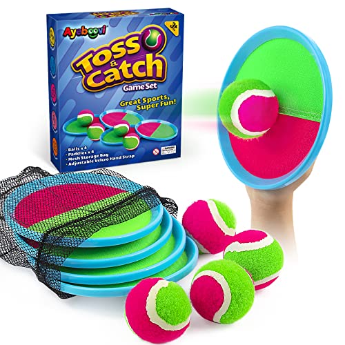 Ayeboovi Toss and Catch Ball Game Outdoor Toys for Kids Beach Toys Pool Toys Outdoor Yard Games for 3 4 5 6 7 8 9 10 Year Old Boys Girls Easter Basket Stuffers (Upgraded) - 4 Paddles 4 Balls