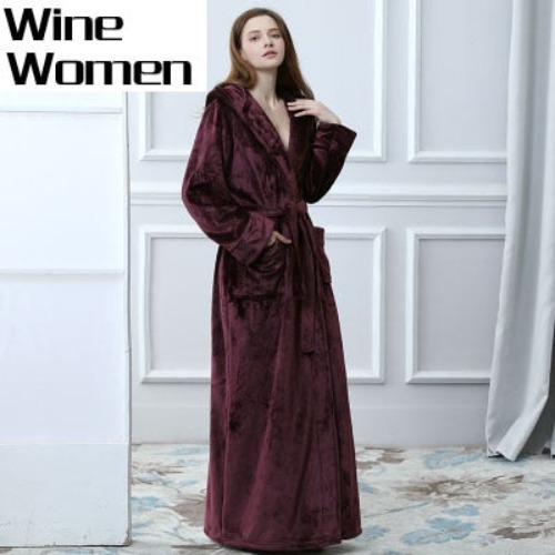 Lovers Hooded Extra Long Thermal Bathrobe Women Men Plus Size Winter Thickening Warm Bath Robe Dressing Gown Bridesmaid Robes | Women Wine / M