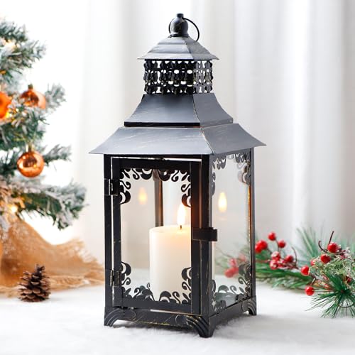 JHY DESIGN Alta Lanterna Decorativa 37,5 cm di Altezza Lanterna a Candela in Metallo Lanterna a Sospensione in Stile Vintage per Balcone Feste di Matrimonio Indoor Outdoor (Bianco) - Nero Con Pennello Dorato