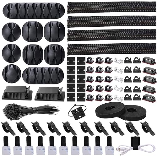 N NOROCME Cord Management Organizer Kit 4 Cable Sleeve Split with 41Self Adhesive Clips Holder, 10pcs and 2 Roll Self tie 100 Fastening Ties for TV Office Car Desk Home Black - 152 PCS